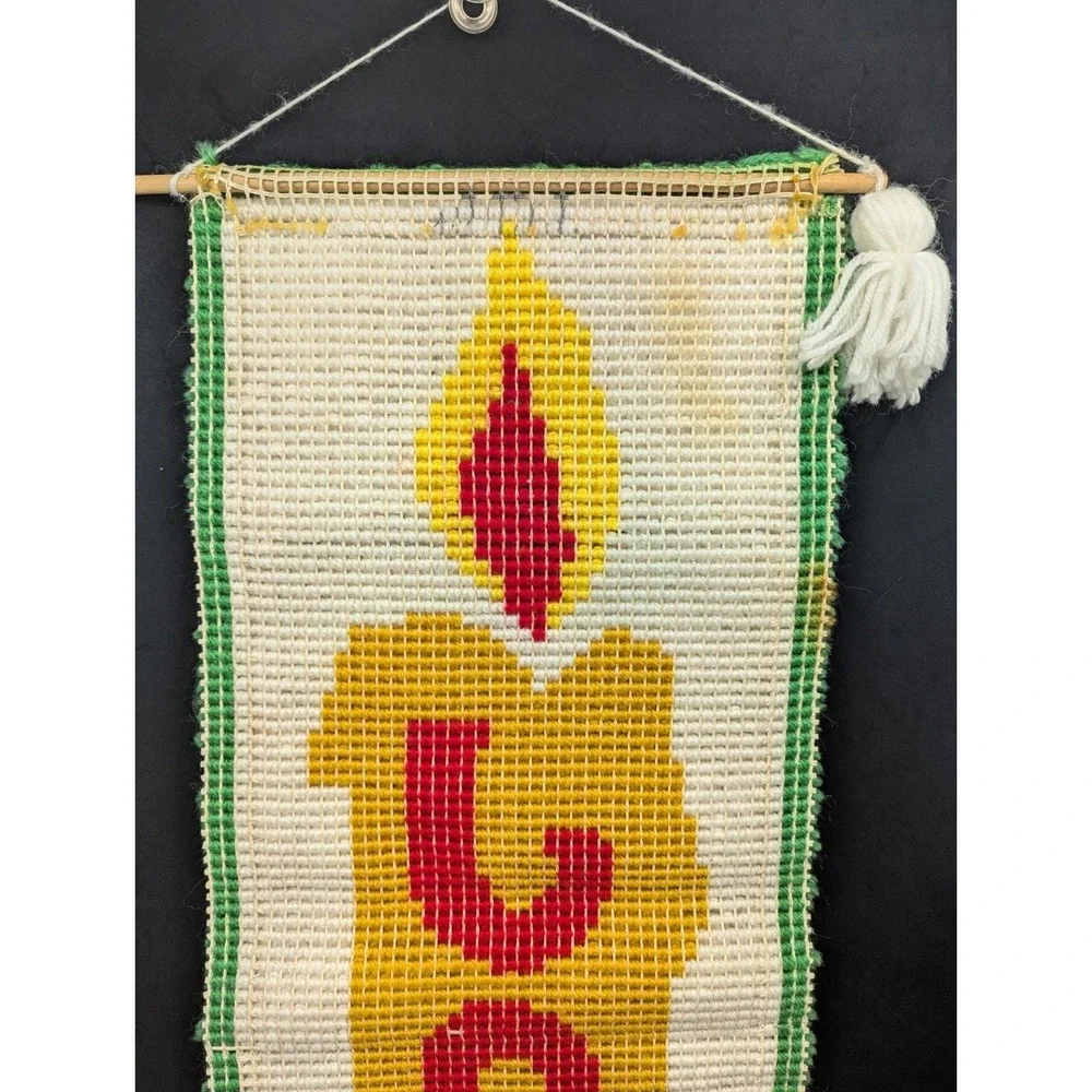 VTG Joy Christmas Candle Wall Hanging Latch Hook Shag Yarn Art 12